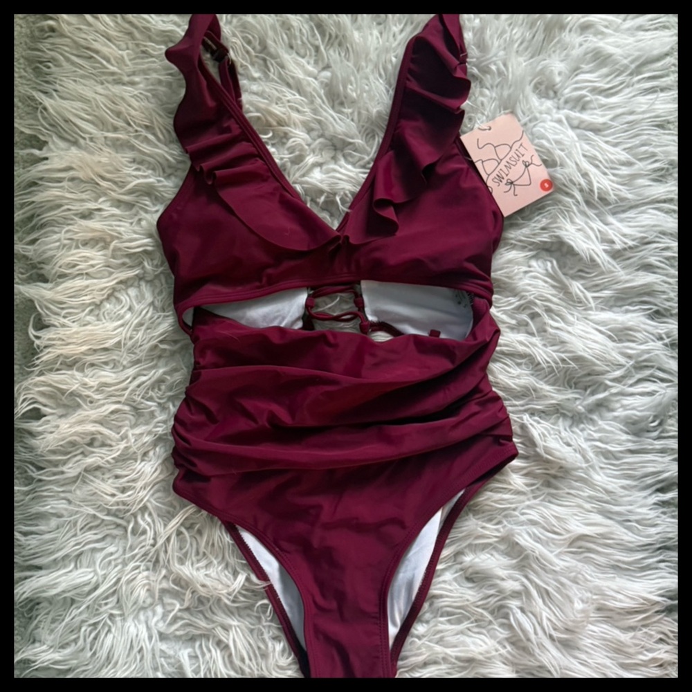 NWT Burgundy One-Piece Cut Out Swimsuit - Picture 2 of 5